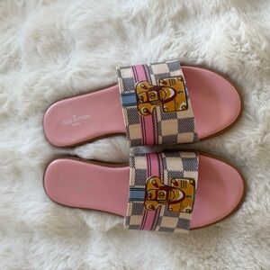 Louis Vuitton Pink Damier Azur Trunk-Print Slide Sandals